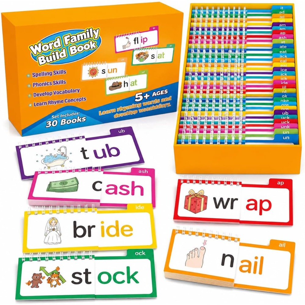 Kids Education Rhymes - บัตรคำศัพท์โฟนิกส์ 30 แผ่น หนังสือพลิกคำคล้องจอง ชุดการศึกษาปฐมวัย ตัวอักษร